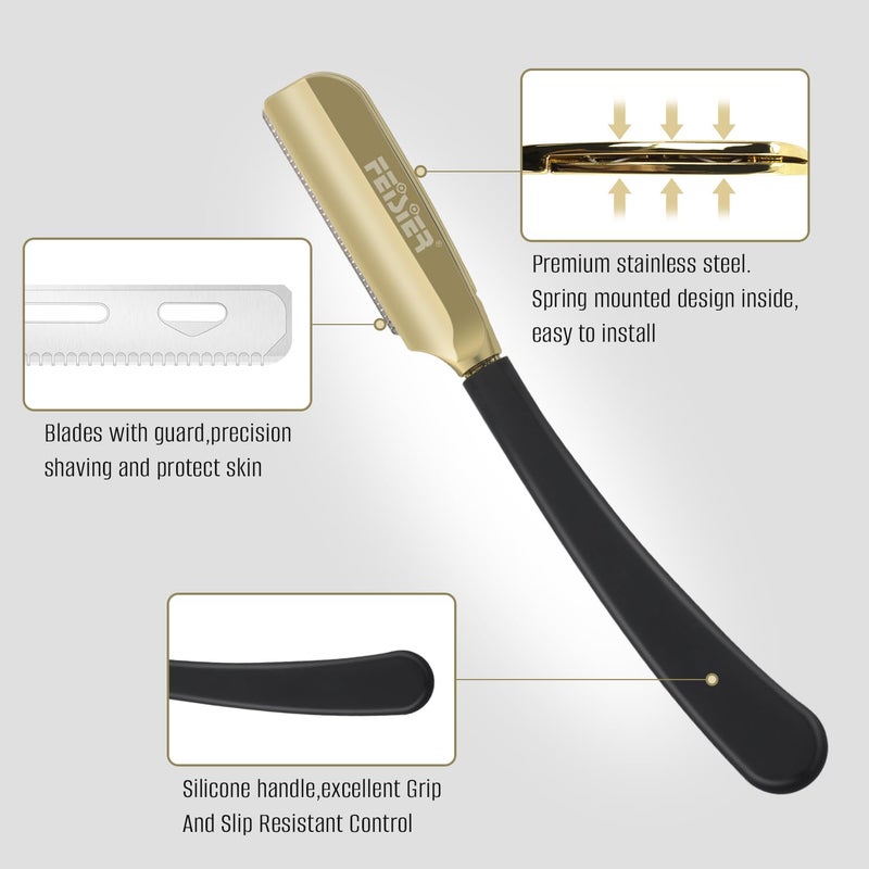 FEISIER Straight Razors for Men, Professional Straight Single Edge Razor Kit, Silicone Handle Straight Razor with Guard,Stainless Steel Barber Razor for Shaving,Salon Shavette,10 Blades Included - Image 2